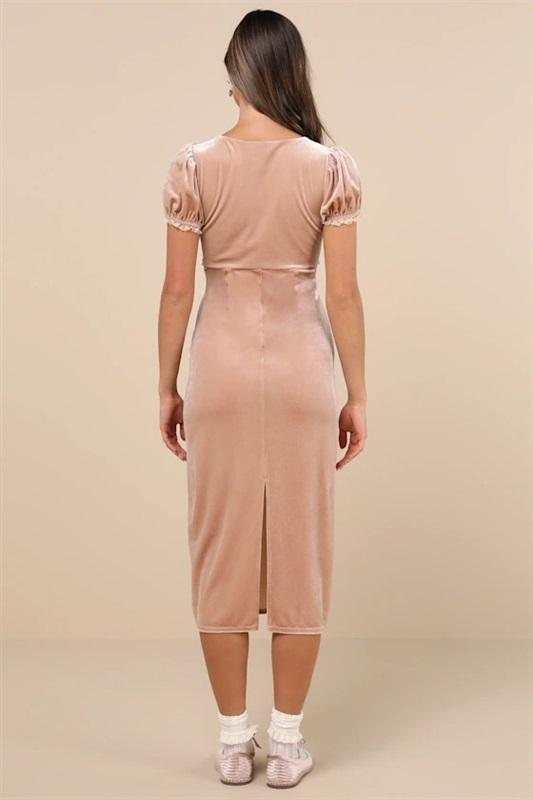 NWOT Lulus XS Idyllic Poise Blush Pink Velvet Puff Sleeve Lace Midi Dress 132503