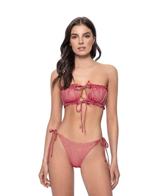 NWT Pilyq Arc Remi Ruched Bandeau Bikini Swim Top & Tie Side Bottom Red 132549