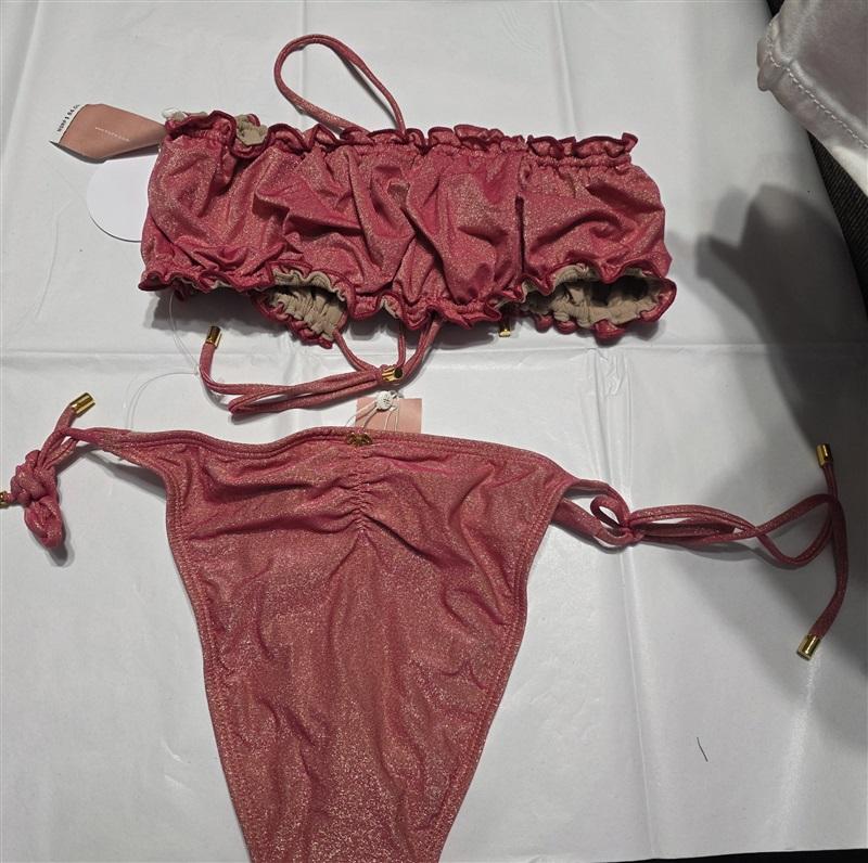 NWT Pilyq Arc Remi Ruched Bandeau Bikini Swim Top & Tie Side Bottom Red 132549