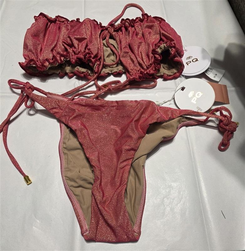 NWT Pilyq Arc Remi Ruched Bandeau Bikini Swim Top & Tie Side Bottom Red 132549