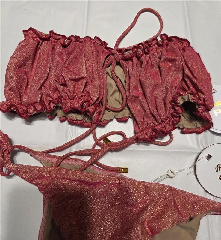 NWT Pilyq Arc Remi Ruched Bandeau Bikini Swim Top & Tie Side Bottom Red 132549