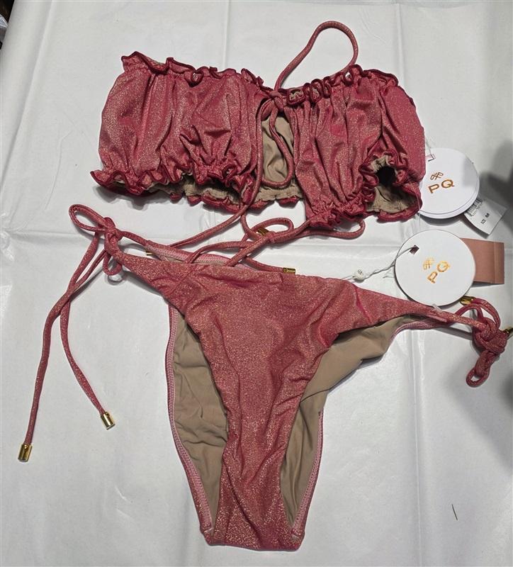 NWT Pilyq Arc Remi Ruched Bandeau Bikini Swim Top & Tie Side Bottom Red 132549