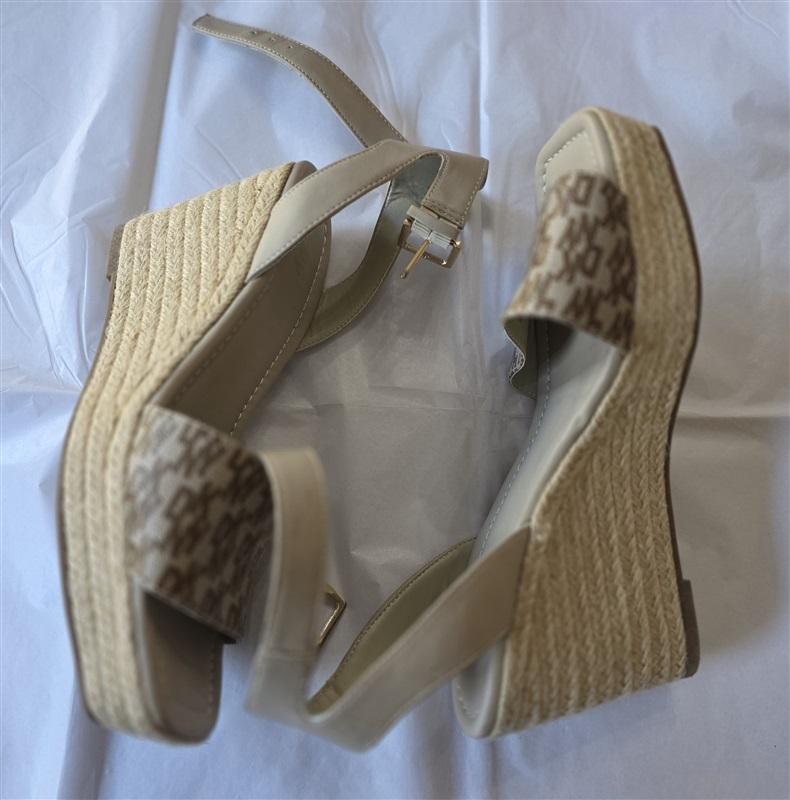 NWOT DKNY Calima 9 Logo Espadrille Wedge Ankle Strap Sandals Beige Brown 132579