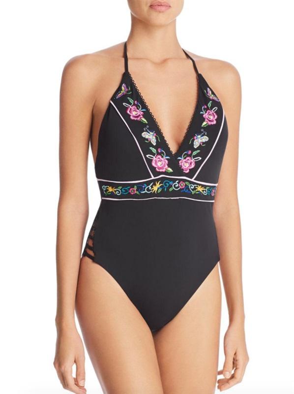 NWT Nanette Lepore 4 Femme Noir Embroidery Goddess 1pc Swimsuit 132608
