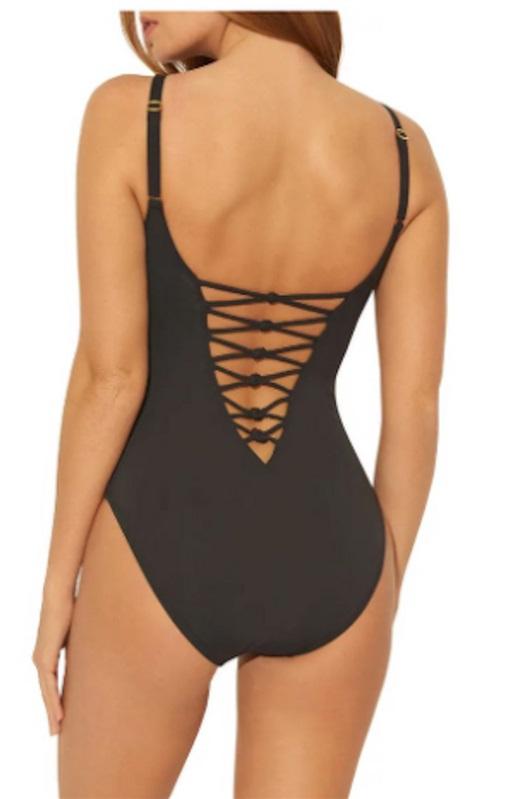 NWTD Bleu by Rod Beattie SZ 10 Lace-Up Knotty 1PC Black Swimsuit 132626