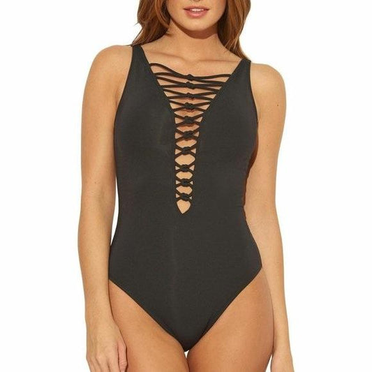 NWTD Bleu by Rod Beattie SZ 10 Lace-Up Knotty 1PC Black Swimsuit 132626