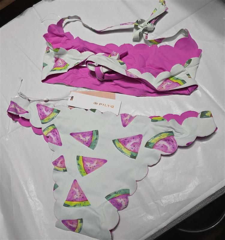 NWT Pilyq Watermelon M Scallop Scoop Bikini Swim Top & Bottom Reversible 132630