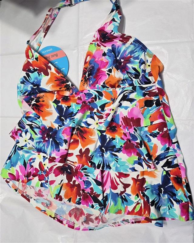 NWT Swim Solutions 12 Triple Tier Floral Watercolor 5513580 Tankini Top 132660