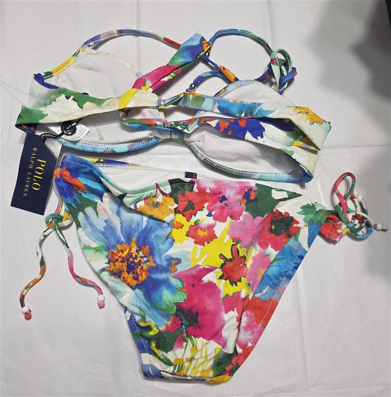 NWT Ralph Lauren Watercolor Floral S Bikini Swim Top & Bottom Tie Side 132663