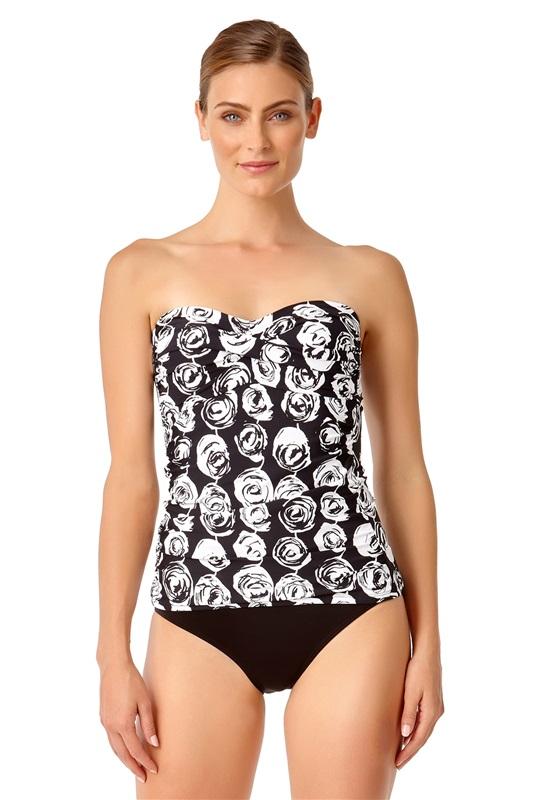 NWTD Anne Cole XS Black & White Coming Up Roses Twist Tankini Bandeaukini 132700