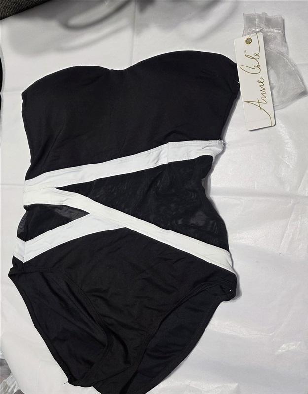 NWTD Anne Cole 8 Color Block Bandeau 1Pc Swimsuit Black White Sheer 132713