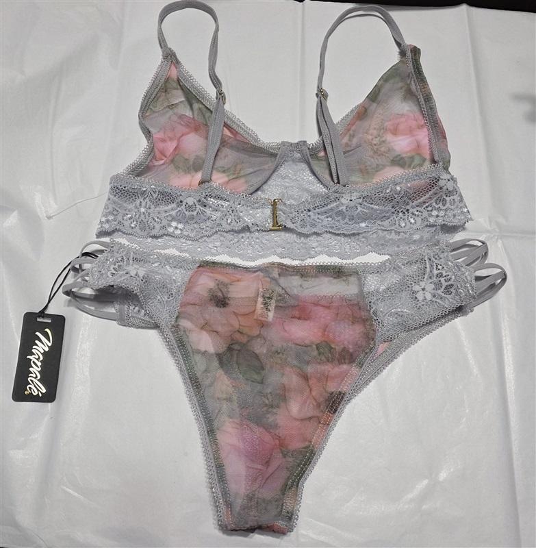 NWT Mapale M/L Shoreline Gray Blossom Floral Lace Bralette Bikini Set 132727