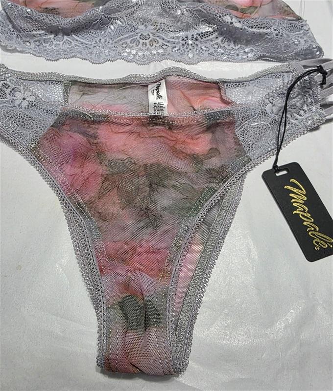 NWT Mapale M/L Shoreline Gray Blossom Floral Lace Bralette Bikini Set 132727