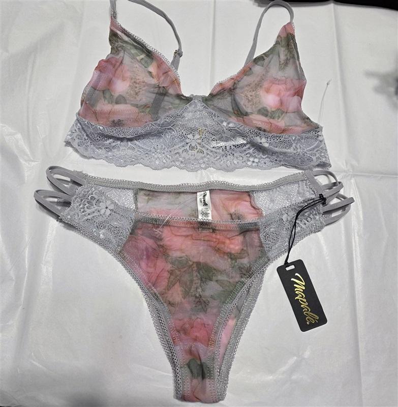 NWT Mapale M/L Shoreline Gray Blossom Floral Lace Bralette Bikini Set 132727