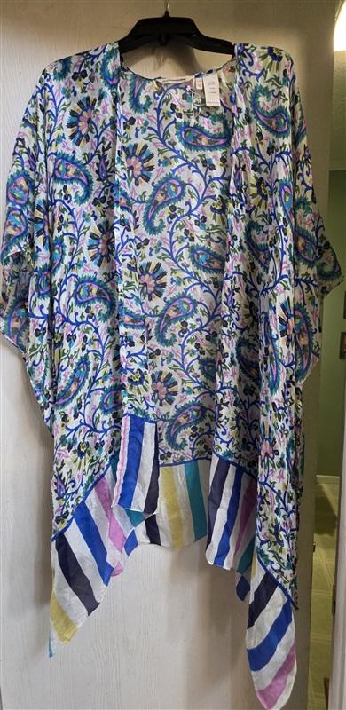 NWOTD Soft Surroundings L/XL Paisley Stripe 100% Silk Kimono Cover Up 132728