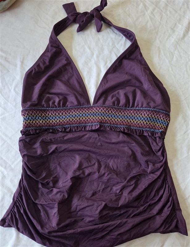 NWT Bleu Rod Beattie 12 Aubergine Smocked Ruched Tankini Halter 132744