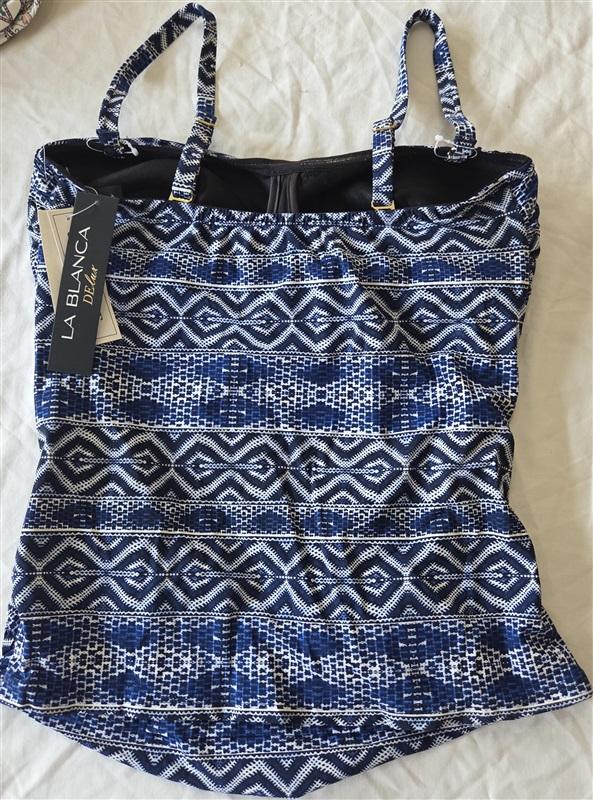 NWT La Blanca 34DD Bandini Tankini Top Swimsuit Twist Front Blue White 132752