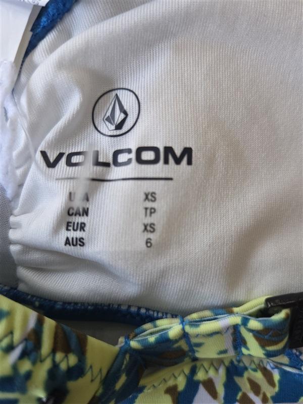 NWOT Volcom S V-Neck DA Palm Stripe Bikini Swim Top Green Blue 132753