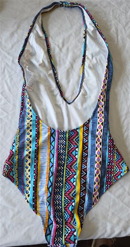 SAMPLE Volcom M 1Pc Halter Multi Color Tribal Symbols Swimsuit 132757