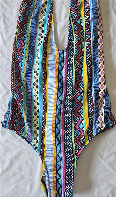 SAMPLE Volcom M 1Pc Halter Multi Color Tribal Symbols Swimsuit 132757