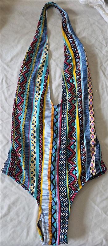 SAMPLE Volcom M 1Pc Halter Multi Color Tribal Symbols Swimsuit 132757