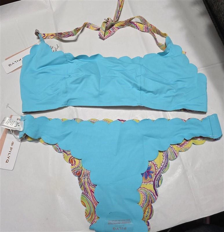 NWT Pilyq L Bahia Reversible Wave Yellow Paisley Bikini Swim Top & Bottom 132772