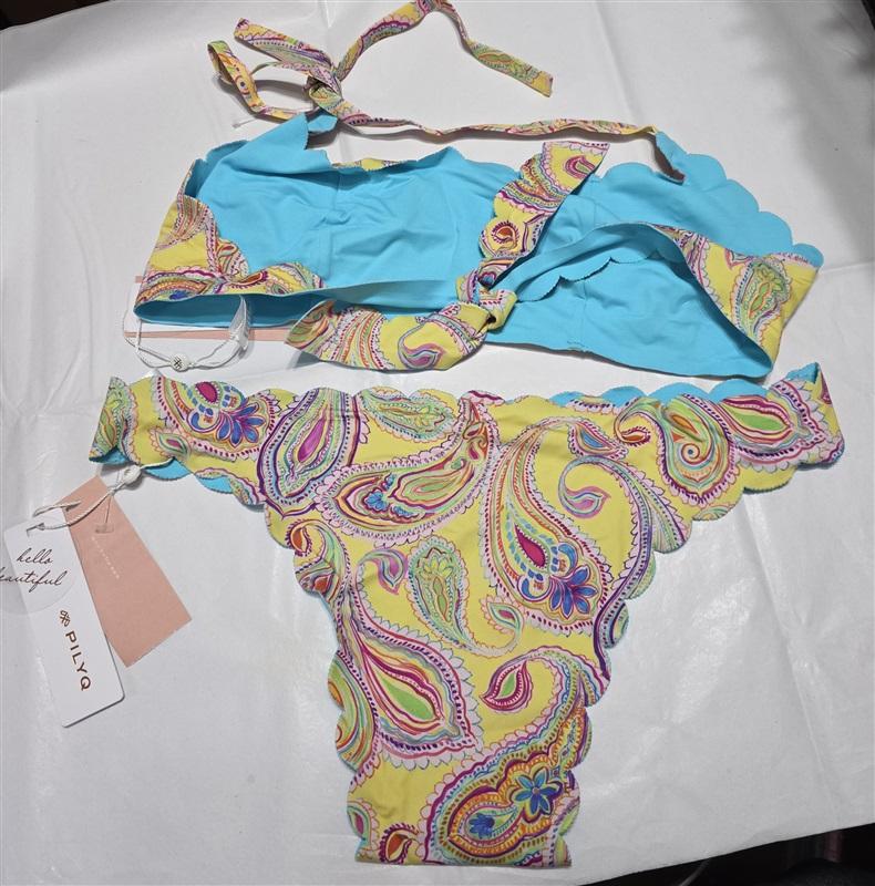 NWT Pilyq L Bahia Reversible Wave Yellow Paisley Bikini Swim Top & Bottom 132772