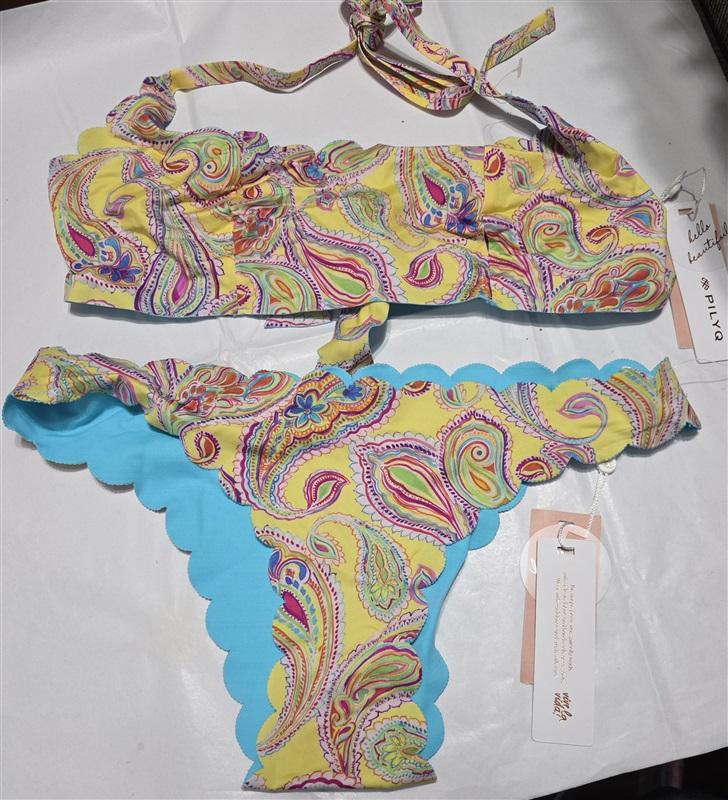 NWT Pilyq L Bahia Reversible Wave Yellow Paisley Bikini Swim Top & Bottom 132772