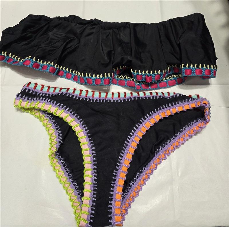 NWT Pilyq Platinum L Flutter Crochet Trim Top & Bottom Bikini Swim 132788