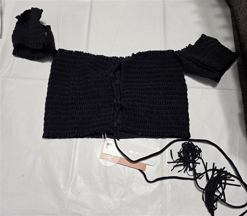 NWT Pilyq Med Midnight Gold Black Smocked Off Shoulder Bikini Top 132792