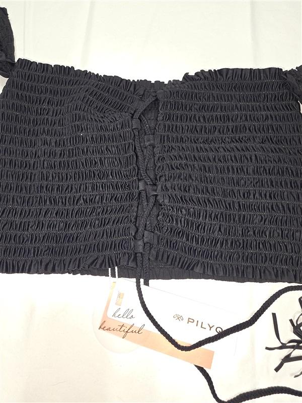 NWT Pilyq Med Midnight Gold Black Smocked Off Shoulder Bikini Top 132792