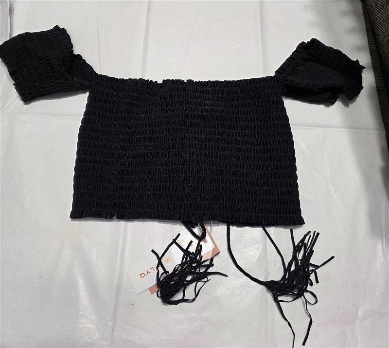 NWT Pilyq Med Midnight Gold Black Smocked Off Shoulder Bikini Top 132792