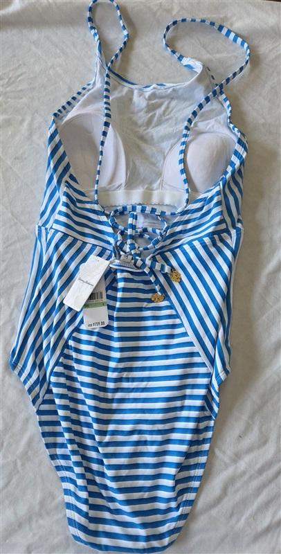 NWOTD Tommy Bahama 8 Palm Party Hi Neck 1PC Blue White Stripe Swimsuit 132810