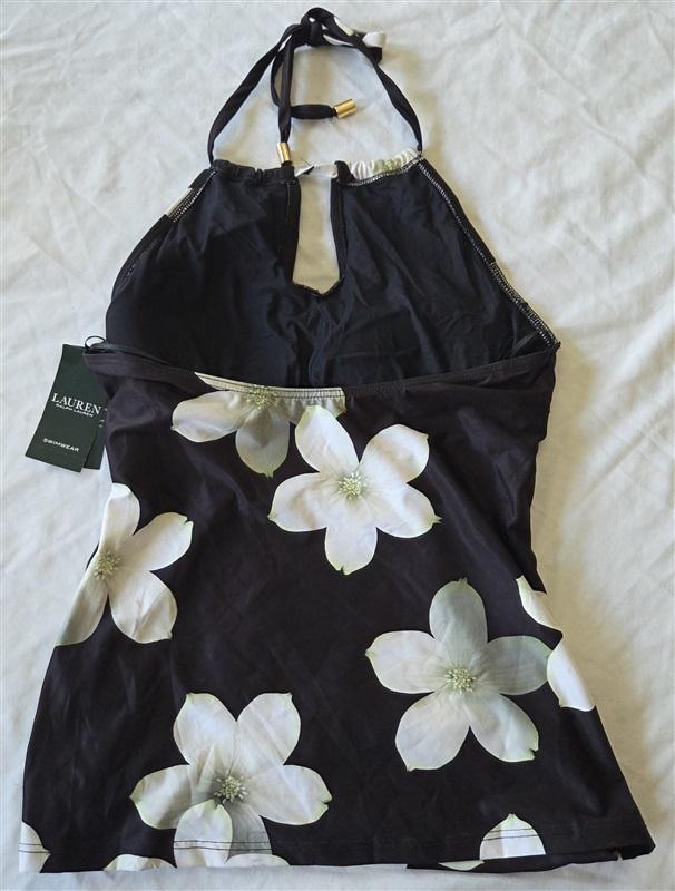 NWT Ralph Lauren 8 Villa Floral Keyhole Halter Tankini Top Black/White 132881