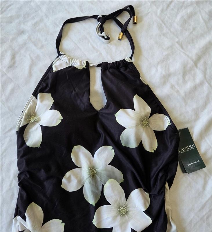 NWT Ralph Lauren 8 Villa Floral Keyhole Halter Tankini Top Black/White 132881