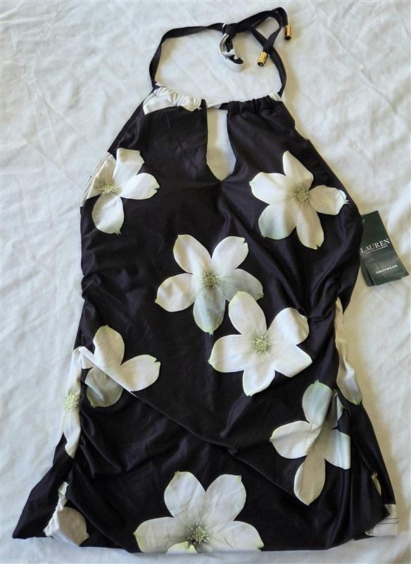 NWT Ralph Lauren 6 Villa Floral Keyhole Halter Tankini Top Black/White 132882