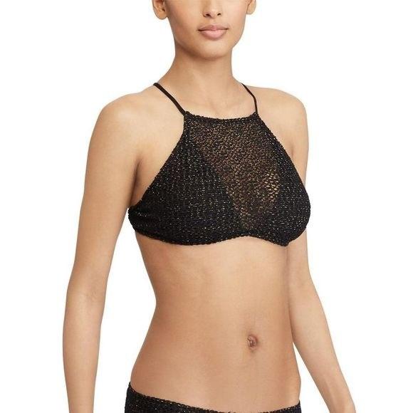 NWT Ralph Lauren XS Metallic Crocheted Bikini Top Hi Neck Sheer Swim 132896