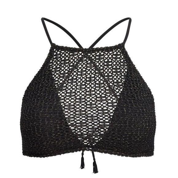 NWT Ralph Lauren XS Metallic Crocheted Bikini Top Hi Neck Sheer Swim 132896