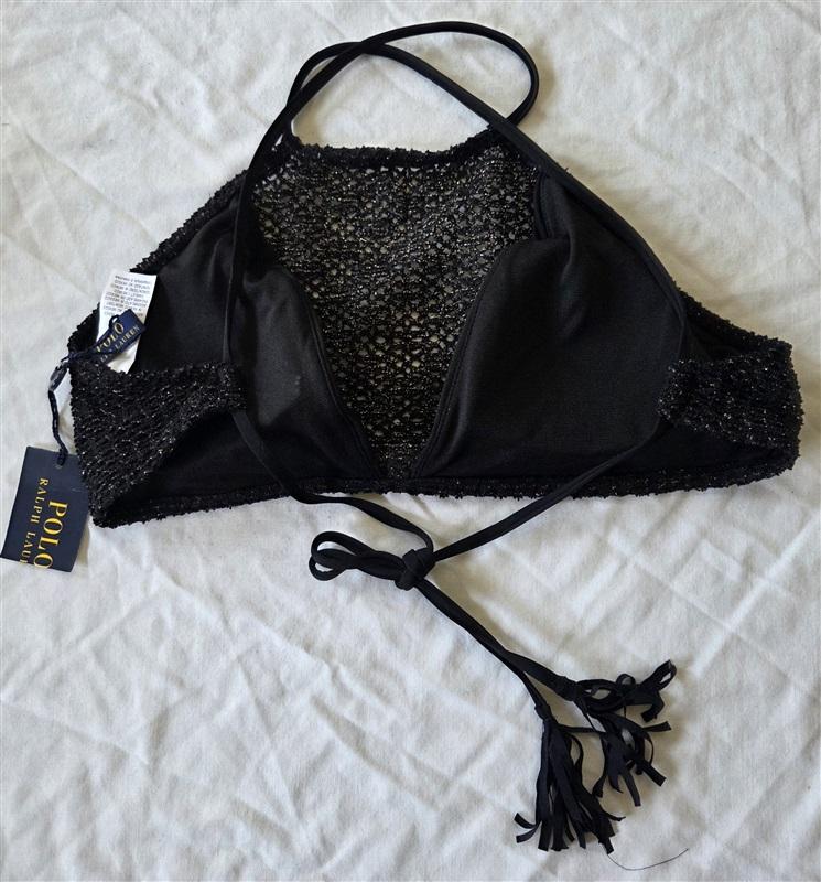 NWT Ralph Lauren XS Metallic Crocheted Bikini Top Hi Neck Sheer Swim 132896