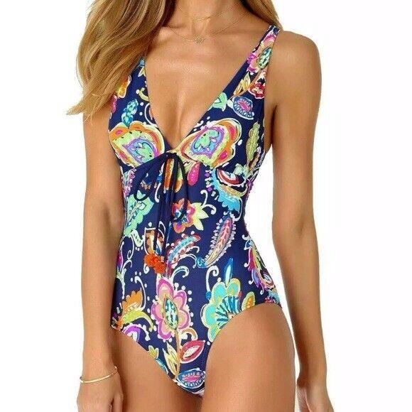 NWT Anne Cole 8 PAISLEY POM PLUNGE Deep V 1PC Swimsuit 132903