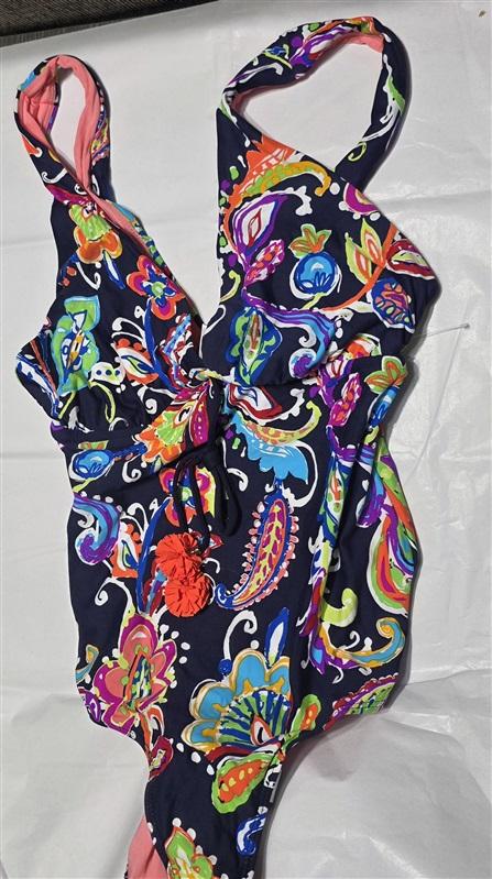 NWT Anne Cole 8 PAISLEY POM PLUNGE Deep V 1PC Swimsuit 132903