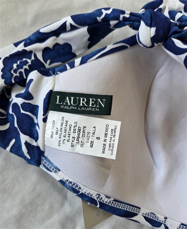 NWT Ralph Lauren 6 Blue White Floral Triangle Bikini Swim Top 132909
