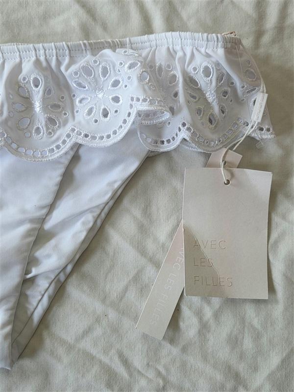 NWT Avec Les Filles LG White Standard Eyelet Ruffle Cheeky Bikini Bottom 132922