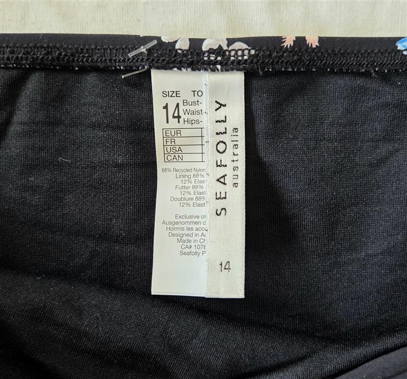 NWOT Seafolly 10 USA Floral Pleat Sides Black Bikini Bottoms 132985