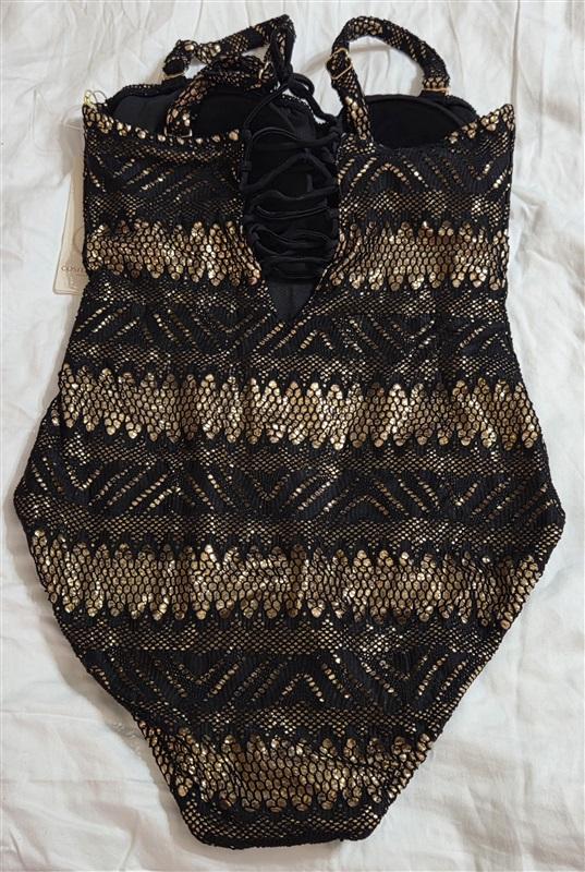 NWT Cosita Linda M Black Gold Lace 1pc Swimsuit Tummy Control 133002