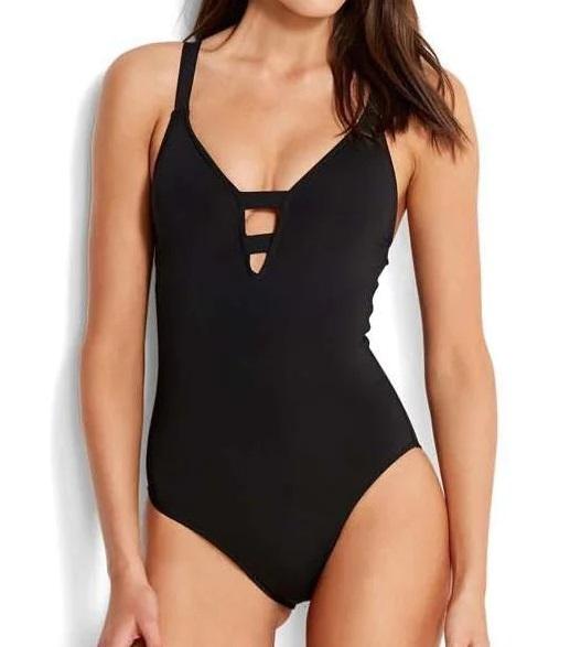 NWT Seafolly Collective 6 USA Black Deep V-Neck 1PC Swimsuit 133008