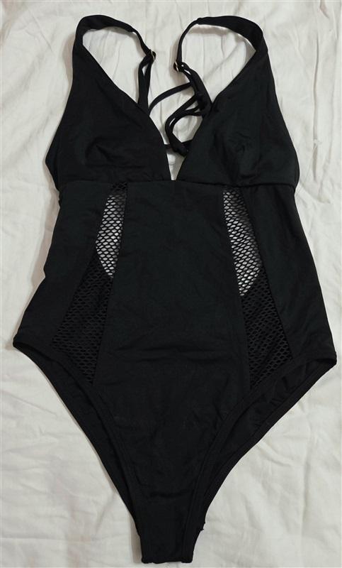 NWT L Space 8 Show & Tell Swimsuit Black Open lace 1pc 133013