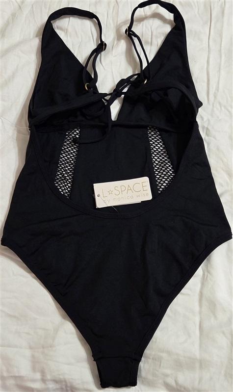 NWT L Space 8 Show & Tell Swimsuit Black Open lace 1pc 133013