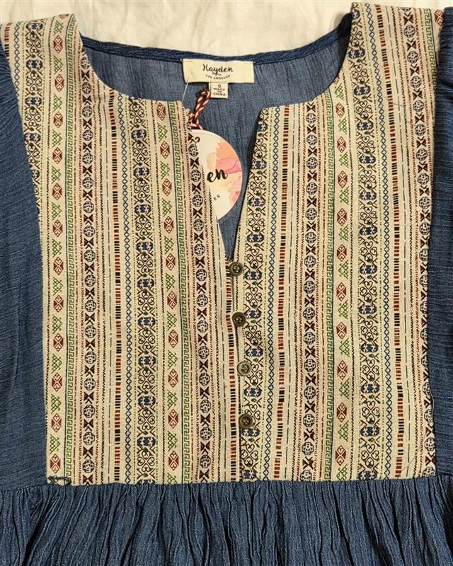 NWT Hayden S Boho Peasant Dress Tapestry Yoke Puff Sleeve Tunic Blue 133031