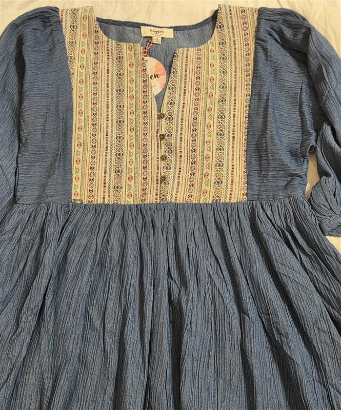 NWT Hayden S Boho Peasant Dress Tapestry Yoke Puff Sleeve Tunic Blue 133031